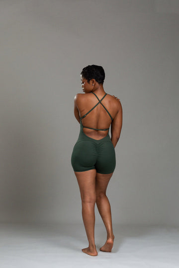 Grounded cross-back strappy romper (grove)