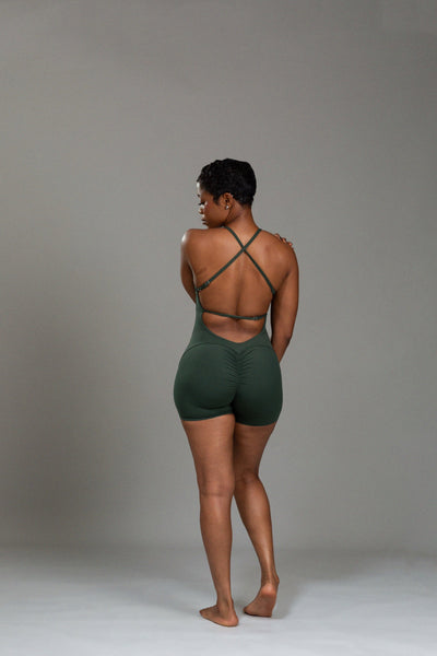 Grounded cross-back strappy romper (grove)